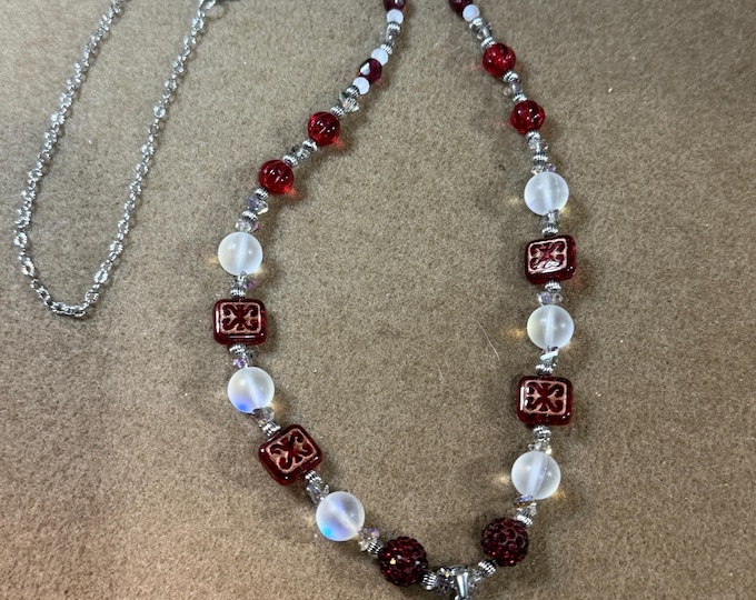 A 26” pendant necklace-glass beads-red, matt white with AB, crystal AB- antique beads-chain necklace-vintage beads-toggle clasp closure