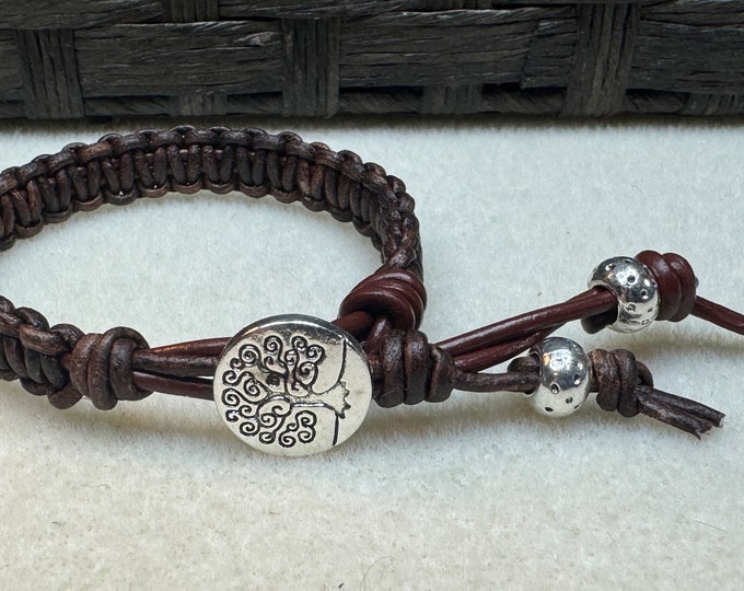 Brown Leather bracelet-macrame bracelet-brown leather with tree of life silver button-silver button closure-children’s bracelet-size 5