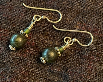 Handcrafted Dainty Green Jasper gemstone  beaded earrings with Sterling Silver French ear wires. Gifts for you, your mom, her.