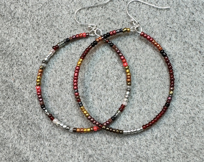 Large 2” silver wired round hoop earrings-colorful seed beads all around-French hook ear wires-3” drop-Gifts for mom-handmade