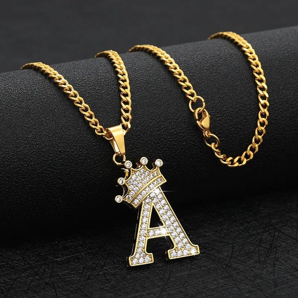 Initial Crown Necklace, Letter Necklace, Hiphop Necklace, Unisex Necklace, Gold Necklace, Mens Necklace, Necklace For Women, Kids Necklace