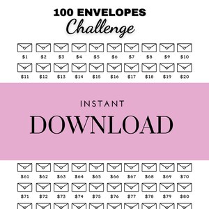 Op de afbeelding: Een printbare 100-envelop challenge-kaart met zwarte enveloppen en witte dollartekens. De kaart is op een roze achtergrond. De tekst "INSTANT DOWNLOAD" is in zwarte tekst op een witte achtergrond. De tekst "SAVINGS= $5050" is in zwarte tekst op een witte achtergrond.