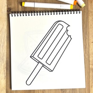 May include: A black and white line drawing of a popsicle with a bite taken out of it.