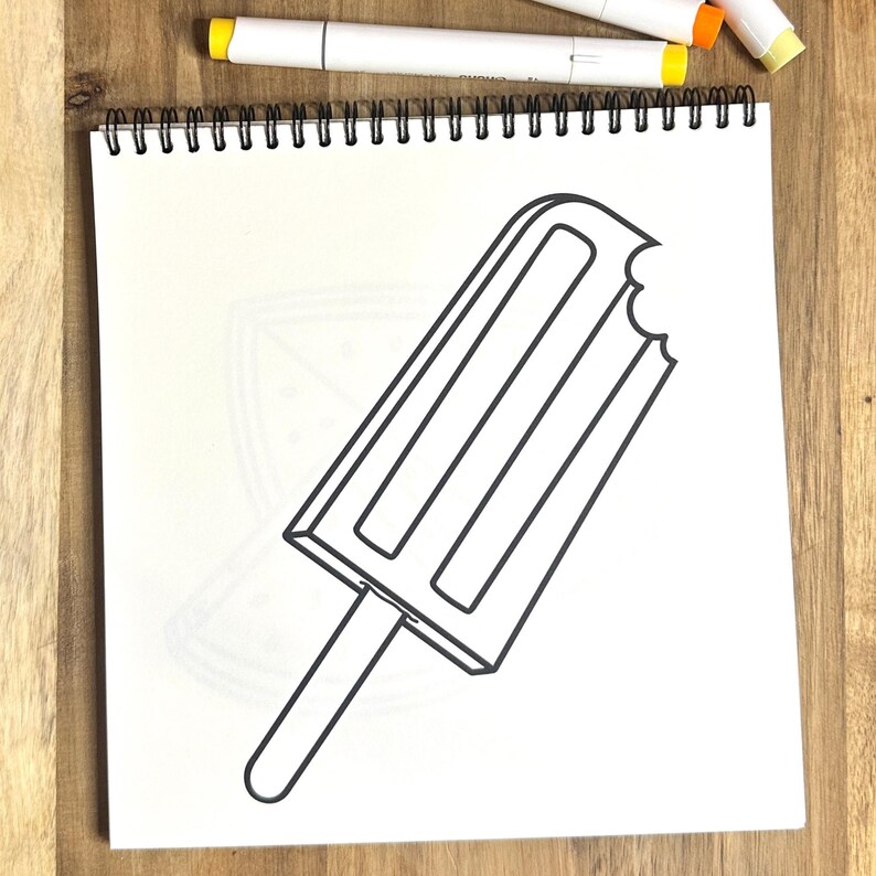 May include: A black and white line drawing of a popsicle with a bite taken out of it.