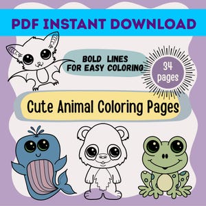 Cute Animal Coloring Pages, 34 Printable Adorable Pet & Wildlife Pages, PDF Digital Download, Bold Line Art for Kids and Adults