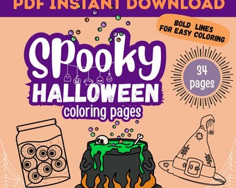 Spooky Halloween Coloring Pages, 34 Printable Haunted & Halloween Pages, PDF Digital Download, Bold Line Art for Kids and Adults