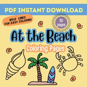At the Beach Malseiten, 30 Ausmalseiten, Strand Bilder zum Ausdrucken, digitale Download, Fett Line Art für Kinder und Erwachsene, PDF-Download
