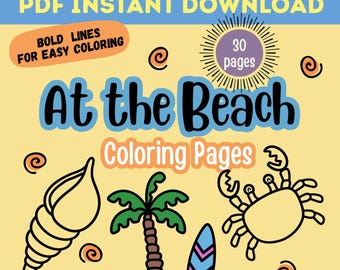 Kleurplaten At the Beach, 30 afdrukbare strandkleurpagina's, digitale download, gedurfde lijntekeningen voor kinderen en volwassenen, pdf-download