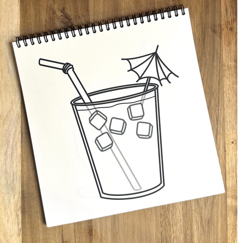 May include: A black and white line drawing of a glass of ice water with a straw and a spiderweb umbrella.