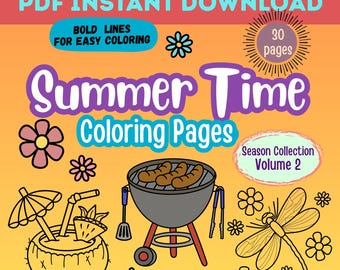 Summer Time Coloring Pages, 30 Printable Beach & Sunshine Pages, PDF Digital Download, Bold Line Art for Kids and Adults