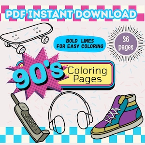 90s Coloring Pages, Printable Nostalgia Coloring Book, Digital Download, 90s Aesthetic, Fun for Adults & Teens, PDF download, bold lines