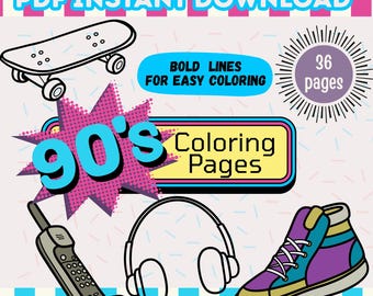 90s Coloring Pages, Printable Nostalgia Coloring Book, Digital Download, 90s Aesthetic, Fun for Adults & Teens, PDF download, bold lines
