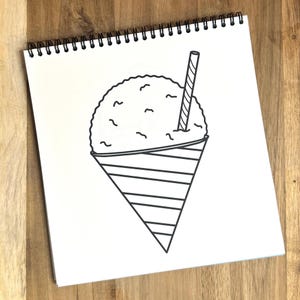 May include: A black and white line drawing of a snow cone with a straw. The snow cone is in a paper cone with stripes.