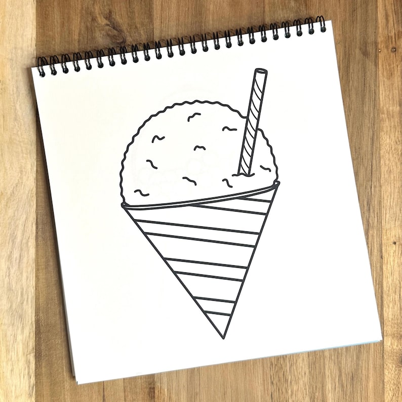 May include: A black and white line drawing of a snow cone with a straw. The snow cone is in a paper cone with stripes.