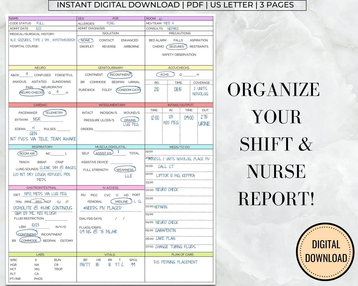 Nurse Task Layout Nurse Report Sheet Med Surg, Nursing Brain, Hourly Layout Day & Night ...