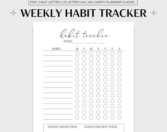 Peut inclure: Un suivi d'habitudes hebdomadaire imprimable en noir et blanc avec un titre qui se lit "habit tracker". Le suivi comporte une colonne pour chaque jour de la semaine et des lignes pour différentes habitudes. Il y a des espaces pour la réflexion hebdomadaire et les objectifs pour la semaine prochaine.