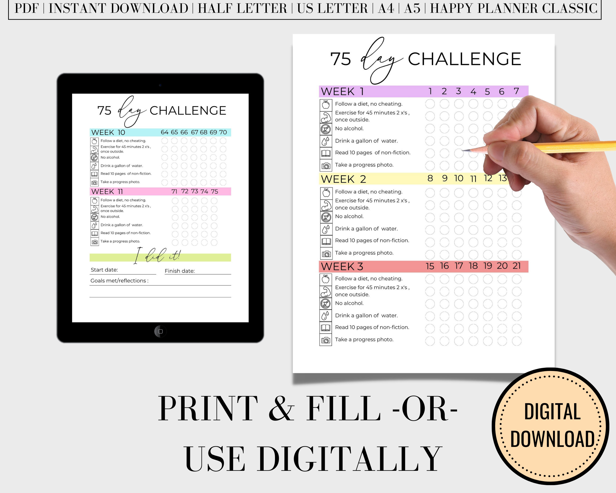 75 Day Challenge Printable, 75 Day Tracker, 75 Challenge Printable , 75 ...