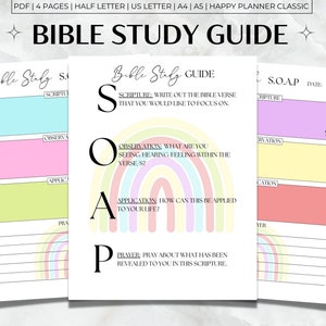 Guía de estudio bíblico imprimible, Plantilla de estudio bíblico SOAP, PDF de estudio bíblico, Guía de estudio bíblico SOAP Multicolor