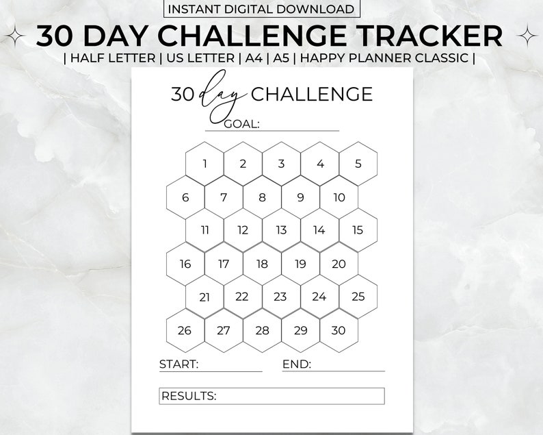 30 Day Challenge Printable 30 Day Goal Tracker Monthly Goal - Etsy