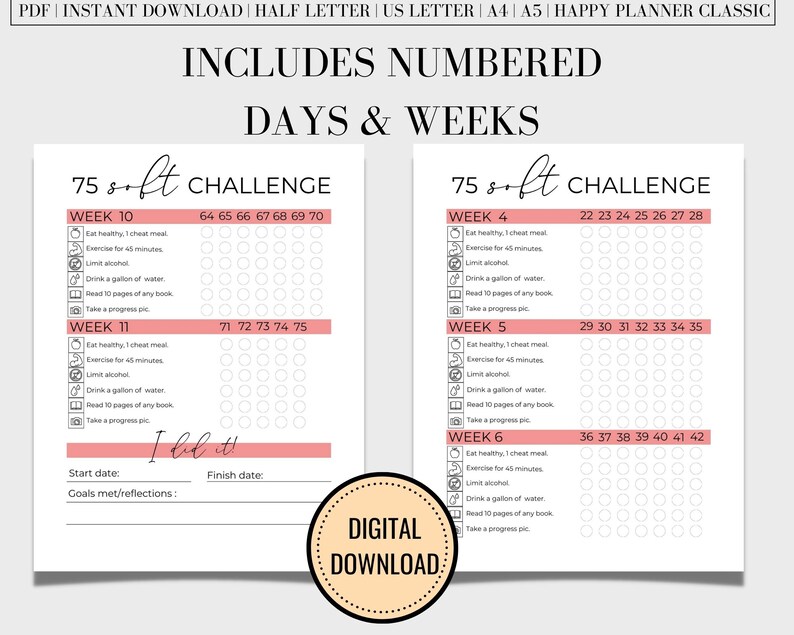 75 Soft Challenge Printable, 75 Soft Tracker, Health & Fitness Tracker ...