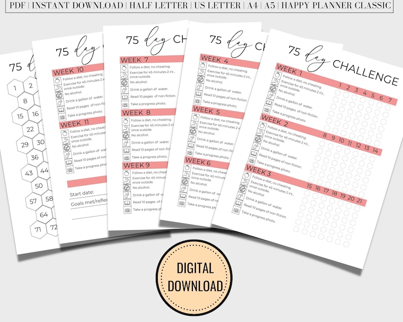 75 Day Challenge Printable, 75 Day Tracker, 75 Challenge Printable, 75 ...