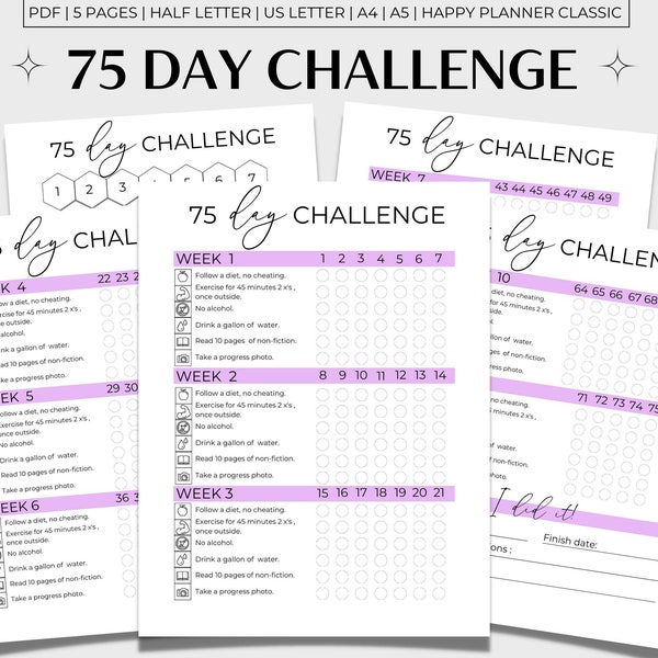 75 Day Challenge Printable, 75 Day Tracker, 75 Challenge Printable, 75 Tracker Purple