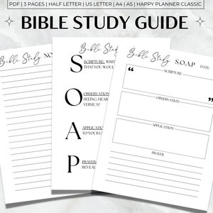 Guía de estudio bíblico imprimible, Plantilla de estudio bíblico SOAP, PDF de estudio bíblico minimalista, Guía de estudio bíblico SOAP