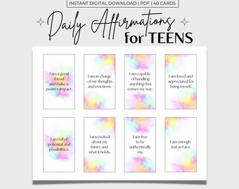 Daily Affirmations for Teens, Printable Affirmation Cards, Motivational Cards, Rainbow Multicolor, Printable PDF
