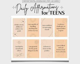 Daily Affirmations for Teens, Printable Affirmation Cards, Motivational Cards, Boho/Celestial, Printable PDF