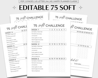 May include: A printable 75-day soft challenge tracker with a checklist for each day. The tracker includes tasks such as eating healthily, exercising, limiting alcohol, drinking water, reading, and taking progress pictures. The tracker is divided into six weeks, with each week having a different number of days.
