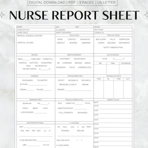 Nurse Report Sheet Med Surg, Nursing Brain, Hourly Layout Day & Night Shift, Digital Download