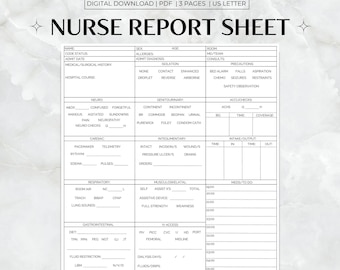 Nurse Report Sheet Med Surg, Nursing Brain, Hourly Layout Day & Night Shift, Digital Download