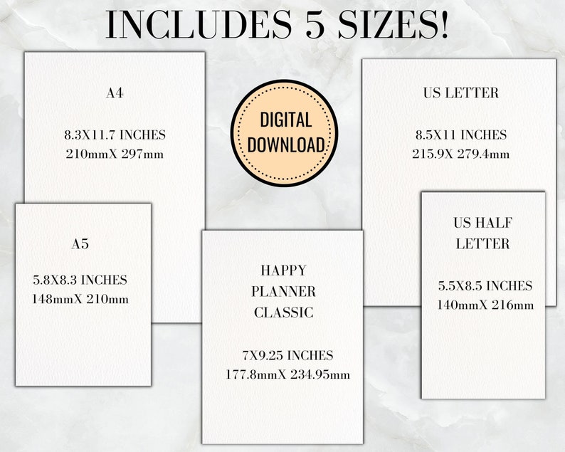 May include: Digital planner template in five different sizes: A4 (8.3 x 11.7 inches, 210 x 297 mm), A5 (5.8 x 8.3 inches, 148 x 210 mm), US Letter (8.5 x 11 inches, 215.9 x 279.4 mm), US Half Letter (5.5 x 8.5 inches, 140 x 216 mm), and 7 x 9.25 inches (177.8 x 234.95 mm).