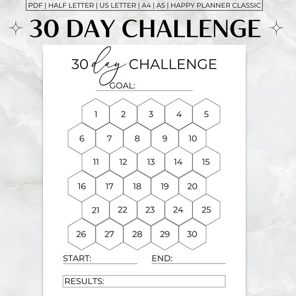 30 Day Challenge Printable, 30 Day Goal Tracker, Monthly Goal Planner,  30 Day Challenge Tracker