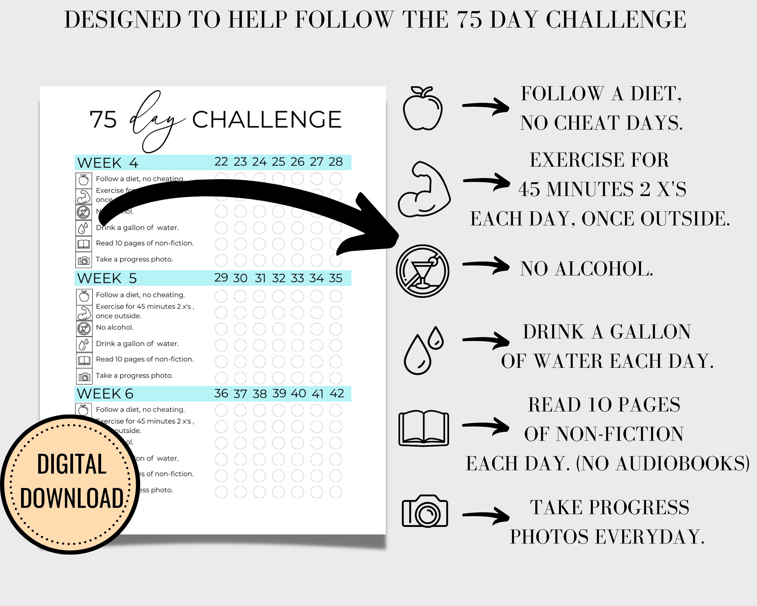 75 Day Challenge Printable 75 Day Tracker Health & Fitness - Etsy