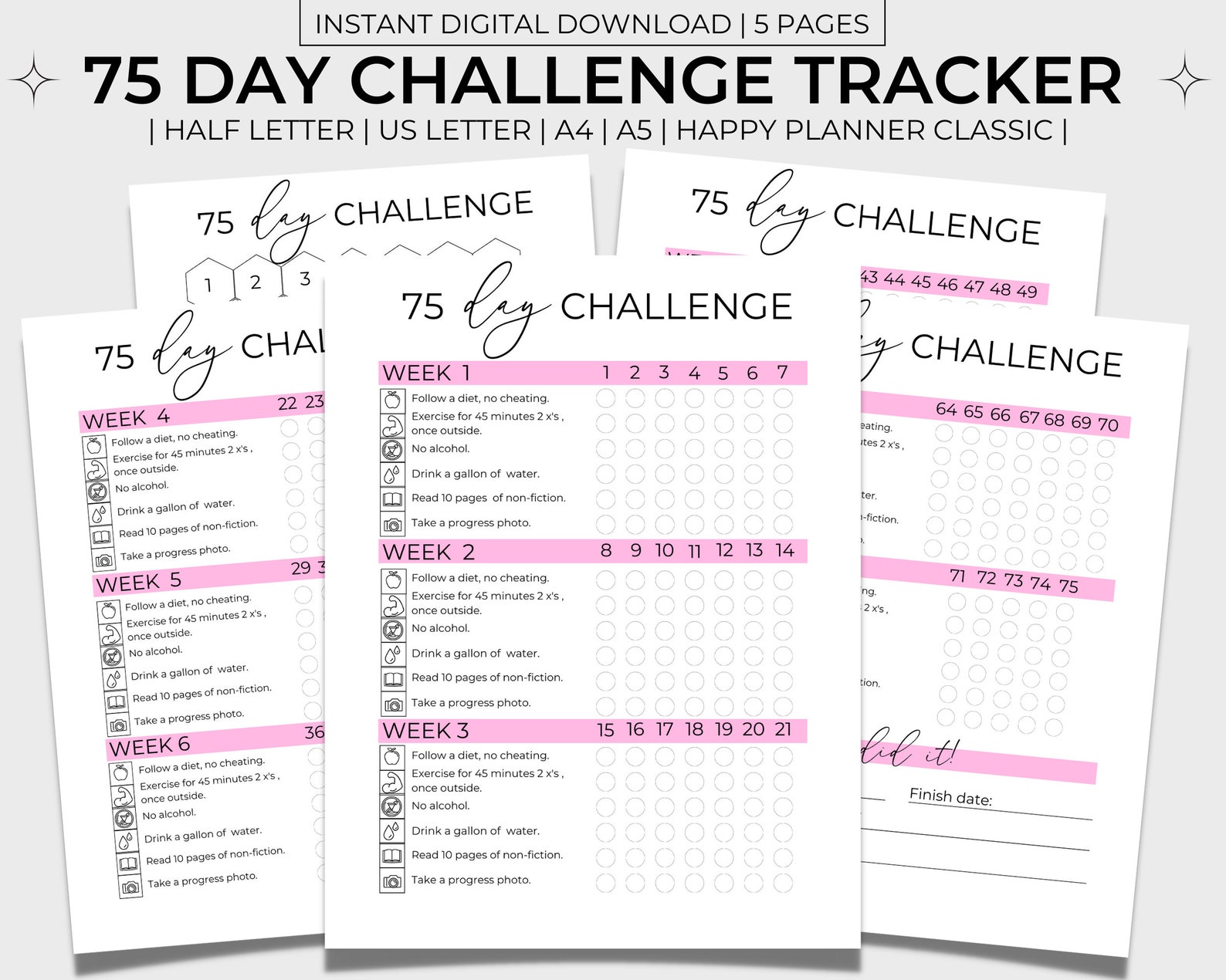 75 Day Challenge Printable 75 Day Tracker Health & Fitness - Etsy