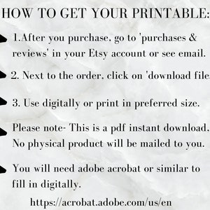 May include: A white background with black text explaining how to download a printable file. The text includes instructions on how to access the file after purchase, how to download it, and how to use it. The text also includes a link to Adobe Acrobat.