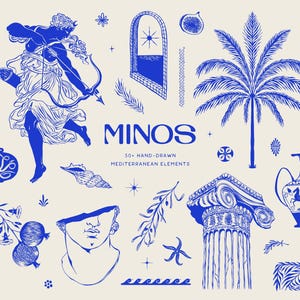 ClipArt mediterranee disegnate a mano, mitologia greca, arte vettoriale, elementi di branding, elementi astratti tropicali
