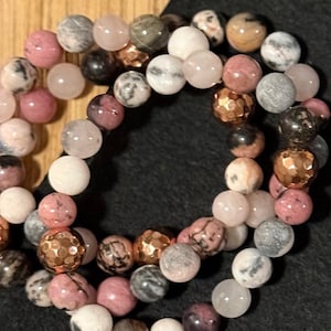 Anxiety Calming Bracelet! Zebra Jasper, Rose Quartz,Rhodonite, Rose Gold Accents, Boho Chic