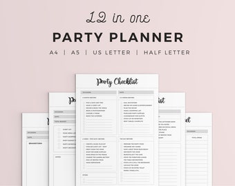 May include: A party planner with a checklist design. The text "12 in one PARTY PLANNER" is at the top. The planner includes sections for A4, A5, US LETTER, and HALF LETTER sizes. The checklist includes sections for occasion, date, and total budget.