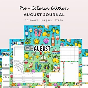 May include: A Pre-Colored Edition August Journal with 30 pages in A4 and US Letter sizes. The pages feature a vibrant summer pattern of lemons, wine glasses, flip-flops, seashells, sailboats, and fish, with dedicated sections for habit tracking.