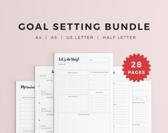May include: A goal-setting bundle with multiple pages, including daily, morning, and goal-setting templates. The bundle includes A4, A5, US Letter, and Half Letter sizes. The image features the text "GOAL SETTING BUNDLE" and "28 PAGES".