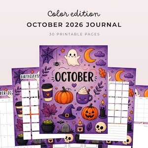 May include: A printable journal set for October 2026 featuring 30 pages with purple backgrounds and Halloween-themed illustrations including pumpkins, ghosts, skulls, spiderwebs, and coffee cups. The text reads Color edition OCTOBER 2026 JOURNAL.