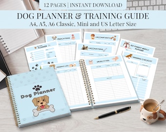 May include: A 12-page dog planner and training guide in A4, A5, A6, and US Letter sizes. The set includes a spiral-bound planner with a light blue cover featuring a puppy and bone graphic, plus various printed log sheets for feeding, vaccinations, and training.