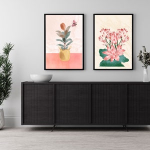Set von 2 Digitale Kunst Downloads Tropische Zimmerpflanze Minimale moderne botanische Illustration Gummipflanze, Zimmerpflanzen Wandkunst, Wanddekoration