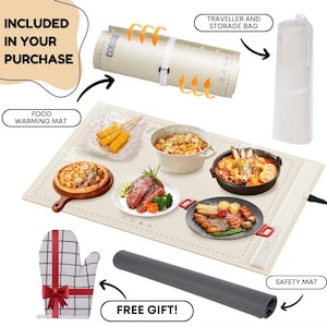 May include: A beige food warming mat with various dishes, including pizza and steak. Includes a rolled-up mat, a travel bag, a safety mat, and an oven mitt with a red bow. The text "INCLUDED IN YOUR PURCHASE" is visible.