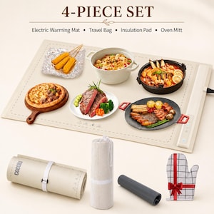 May include: A 4-piece set including a rectangular beige electric warming mat with a control panel, a cylindrical travel bag, a dark gray insulation pad, and a white oven mitt with a black grid pattern and a red ribbon bow detail.