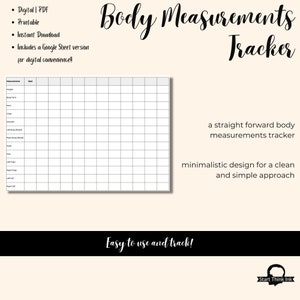 May include: Printable body measurements tracker with a grid for recording measurements. The tracker has the text "Body Measurements Tracker" and "Easy to use and track!"