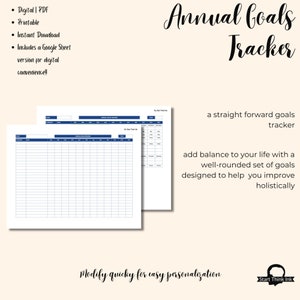 Peut inclure: Un tableau de suivi des objectifs annuels imprimable avec un en-tête bleu et une mise en page en grille. Le tableau de suivi est conçu pour vous aider à vous améliorer de manière holistique. Il comprend une version Google Sheet pour plus de commodité numérique.