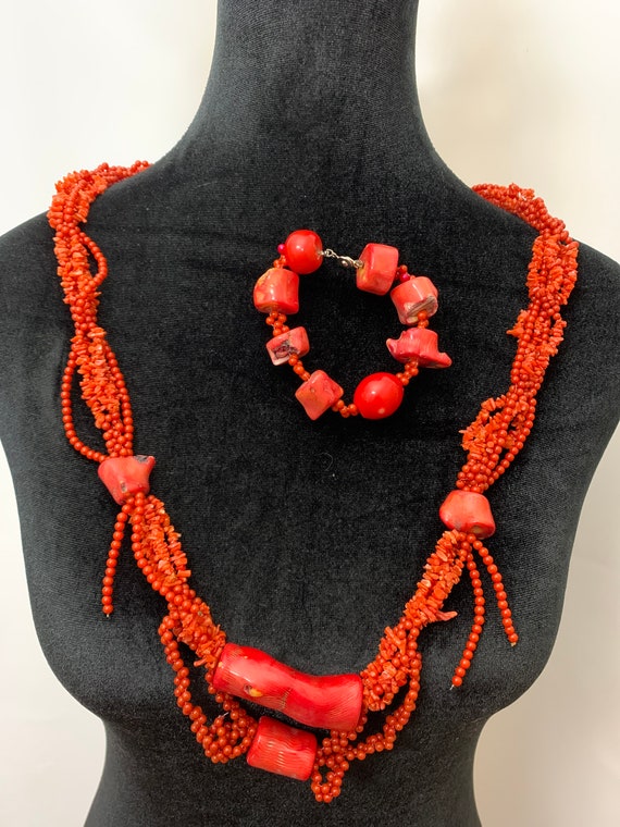 Antique Tibetan Red Coral Necklace and Bracelet